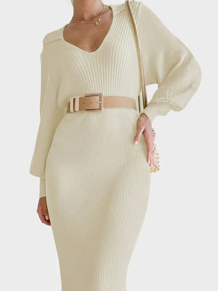 Womens Knit V Neck Tunic Long Sleeve Fall Sweater Dresses