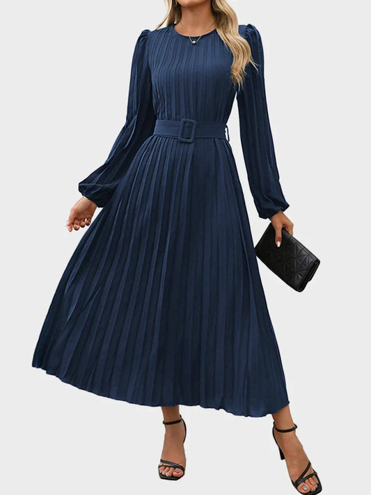 Womens Pleated A Line Flowy Long Sleeve Fall Dress