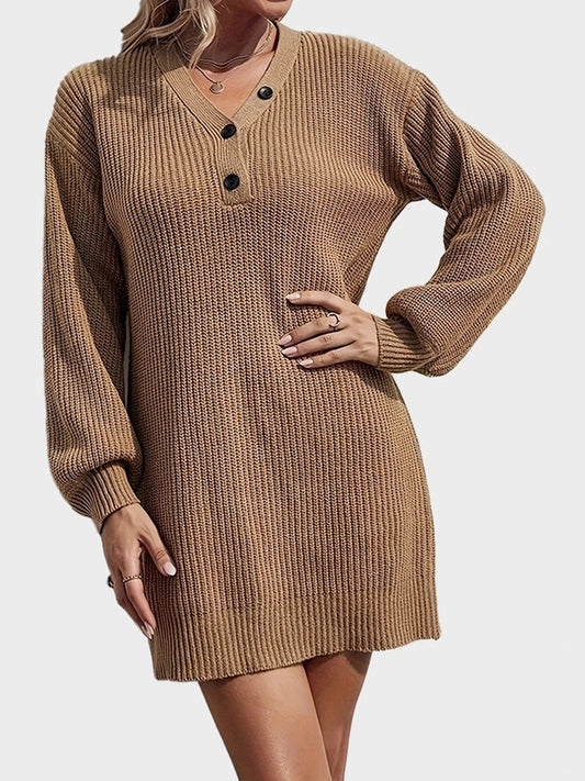 Womens V Neck Mini Sweater Dress Long Lantern Sleeve Pullover Sweaters