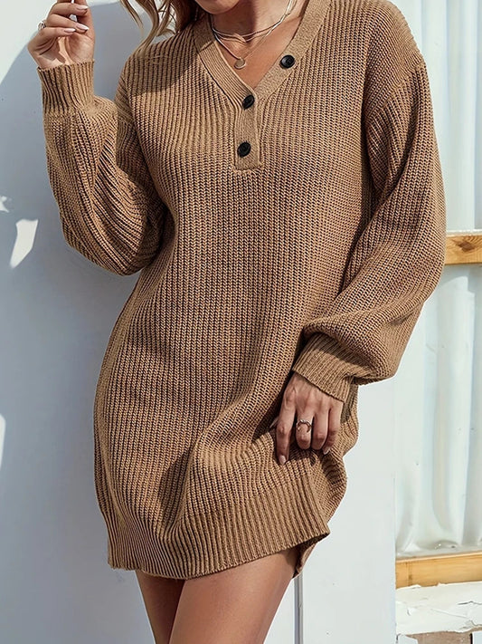 Womens V Neck Mini Sweater Dress Long Lantern Sleeve Pullover Sweaters