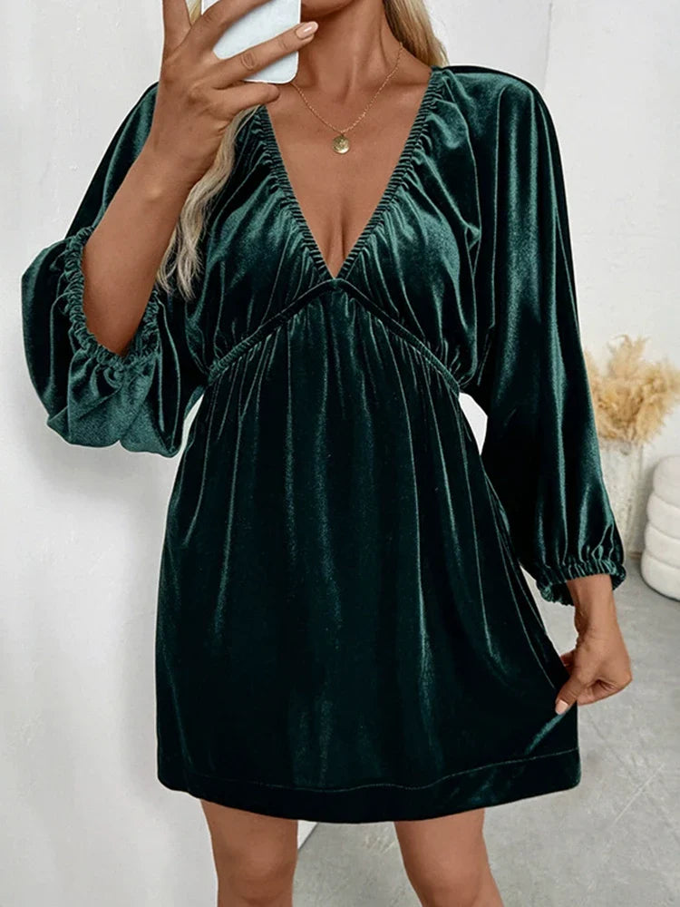 Women’s Deep V-Neck Velvet Dress