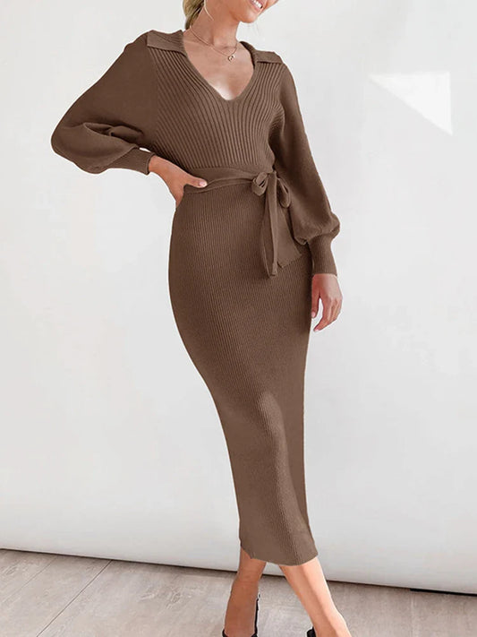 Womens Knit  V Neck Tunic Long Sleeve Fall Sweater Dresses