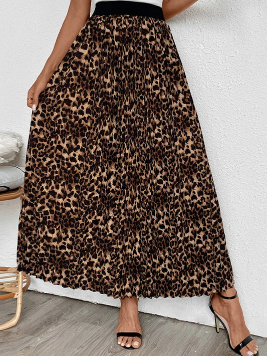 Womens Leopard Print Midi Long Shirring Pleated Skirts