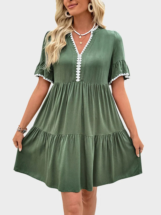 Womens Resort V Neck Short Sleeve Lace Ruffle  Mini Dress