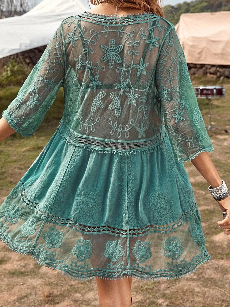 Women's Contrast Lace Bathing Suit Cover Up V-Neck Swimsuit Coverups Loose Swimwear