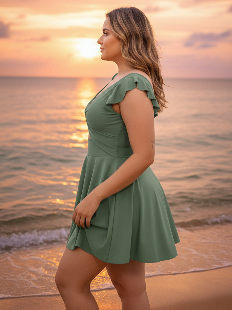 Women's One Piece Ruffle Cutout Swimdress  V Neck Wrap Swimwear