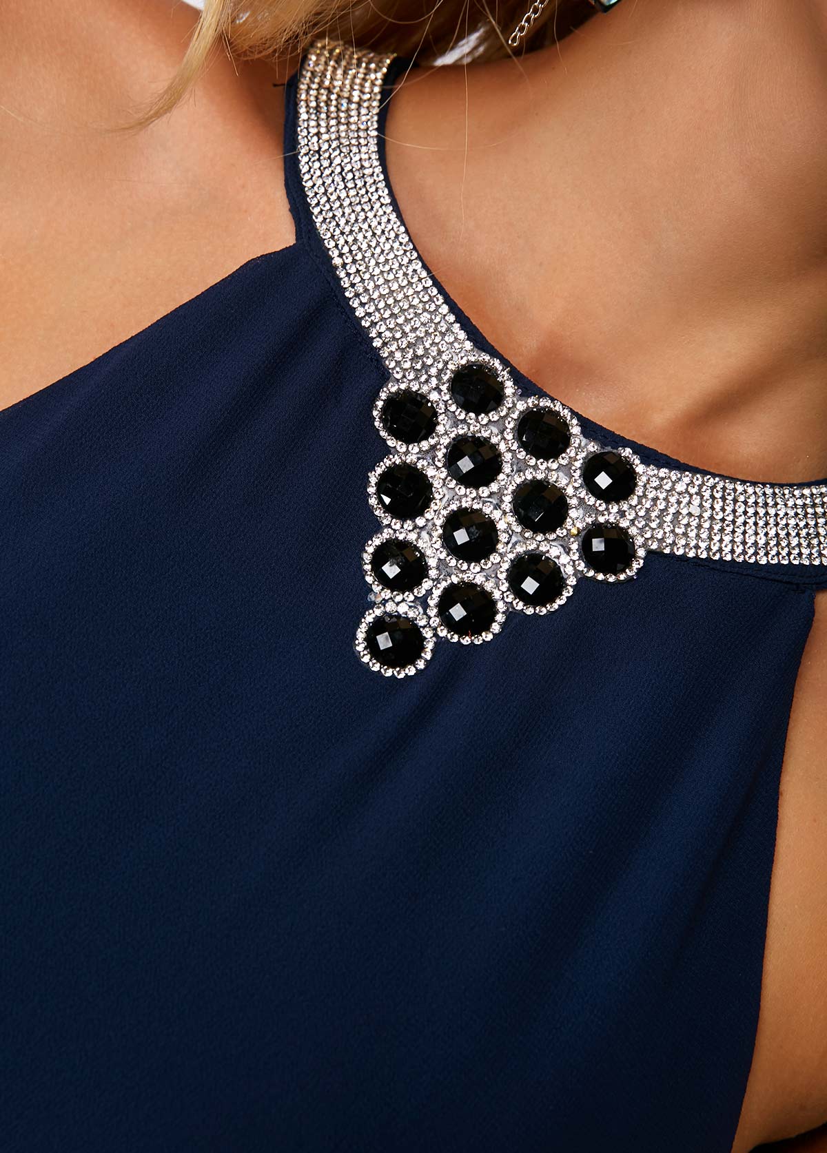 Embellished Neck Asymmetric Hem Chiffon Overlay Dress
