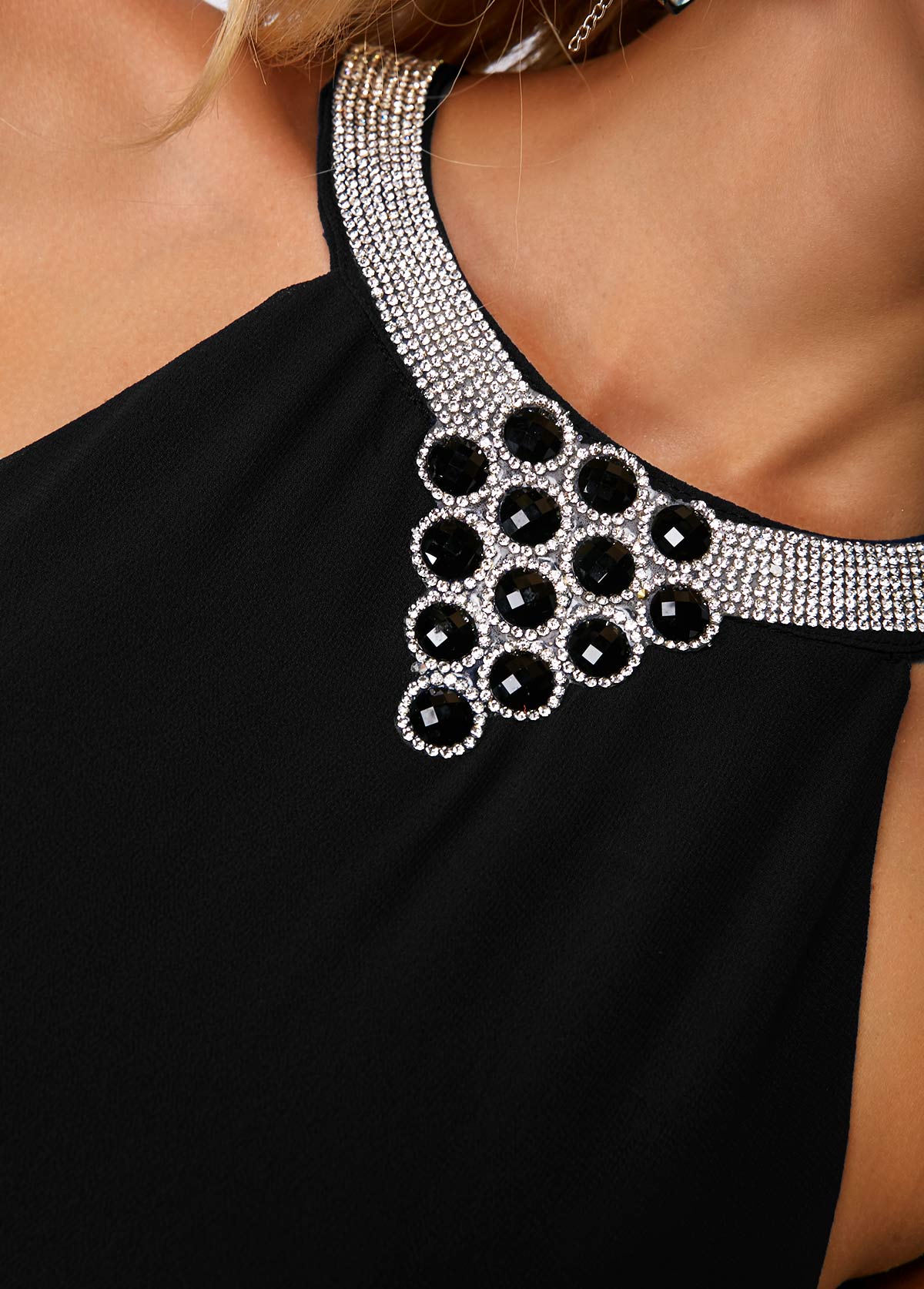 Embellished Neck Asymmetric Hem Chiffon Overlay Dress